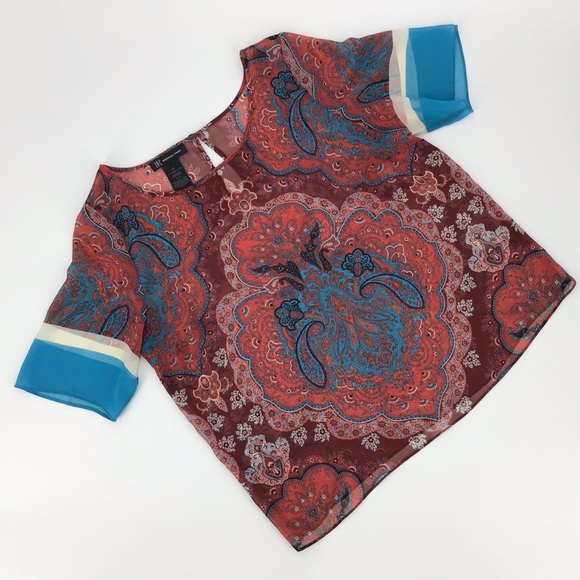 INC Sheer Red Paisley Short Sleeve Top, 12 - Picture 10 of 16